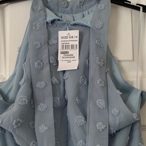 Quiz Blue Dobby Spot Chiffon High Neck Dress size 14